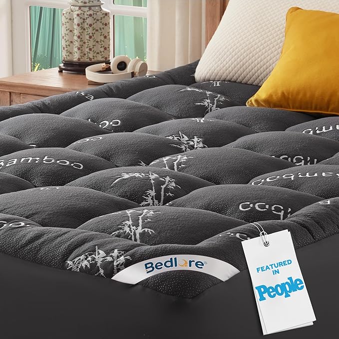 BEDLORE RV Queen Mattress Topper Viscose Bamboo, Pillow Top Mattress Pad | Stretchable Pockets Fit 6”-18” Mattress, Soft Breathable Thick Mattress Topper for Back Pain Relief & Hot Sleepers(Dark Gray)