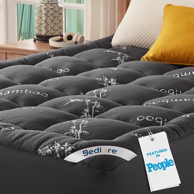 BEDLORE Queen Mattress Topper Viscose Bamboo, Thick Pillow Top Mattress Pad | Stretchable Pockets Fit 6”-18” Mattress, Soft Breathable Mattress Topper for Back Pain Relief and Hot Sleepers(Dark Gray)