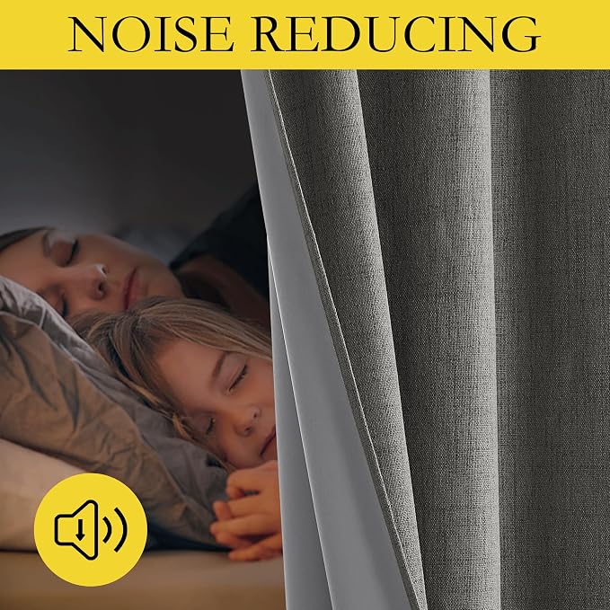 NICETOWN Grizzle Gray Vintage Linen 100% Blackout Curtains for Playroom, Thermal Insulated Curtains 72" Long, Noise Reducing Window Treatment Drapes for Laundry Room, 62" Wide Per Panel, Set of 2