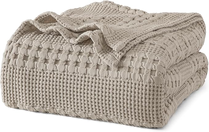 PHF Lightweight 100% Cotton Waffle Blanket for Bed, Queen, Pearl Gray | Pre-Washed Soft Cotton Comfort, Breathable Layering Warmth for Fall & Winter, Bed, Sofa, Couch, Home Decor & Gifts