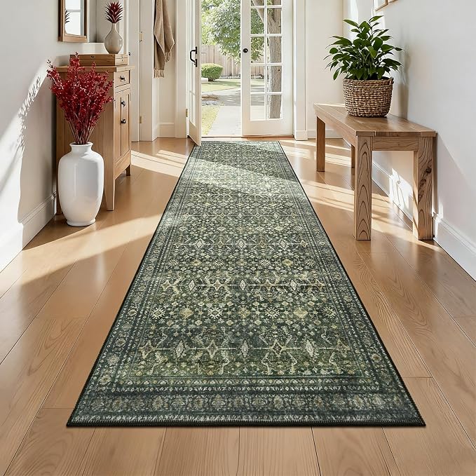 2'6"x14' Area Rugs for Hallways, Green Washable Non-Slip Kitchen Runner Rug | Low Pile Runner Rugs, Soft Carpet for Kitchen Bathroom Bedroom Laundry, Stain Resistant Foldable Vintage Distressed Rug