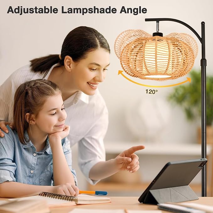 ZECOXOL Arc Floor Lamps for Living Room Bedroom Rattan Boho Floor Lamp with Remote Control,Dimmable Led Standing Lamp Wicker Lamp Shade Rustic Tall Floor Lamp Modern Flower Lamp for Bedroom Corner