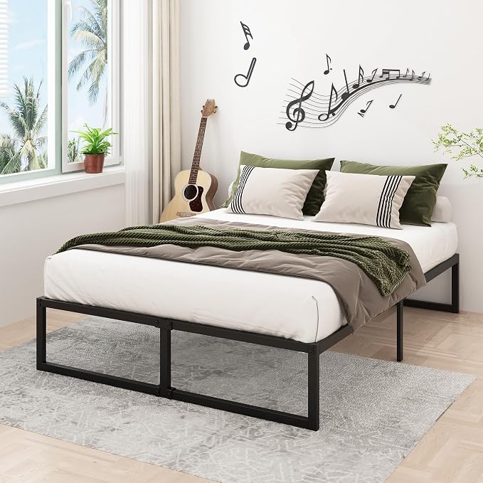 Lutown-Teen 16 Inch Bed Frame Queen Size with Heavy Duty Steel Slat Support | Metal Platform Queen Bed Frame No Box Spring Needed, Easy Assembly, Black