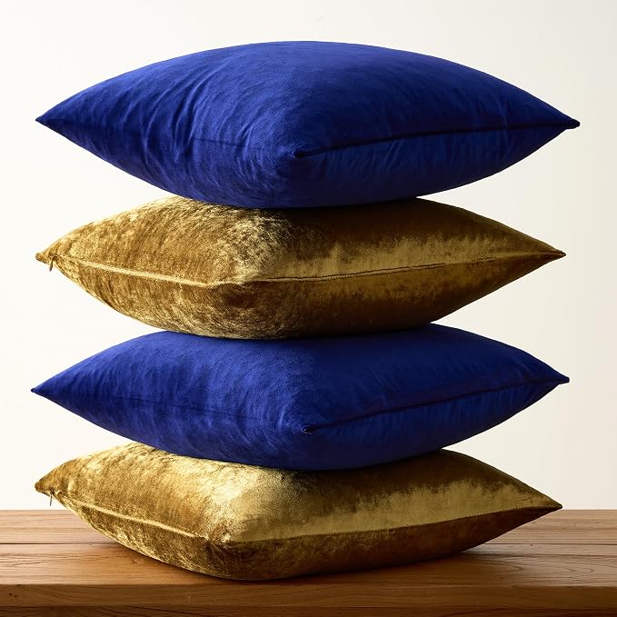 GIGIZAZA Pack of 4 Decorative Velvet Pillow Covers 16x16 Blue Gold | Throw Pillows for Couch Sofa,280gsm Soft Textured Fabric,Modern Accent Pillowcases,Luxury Living Room Cushion Covers