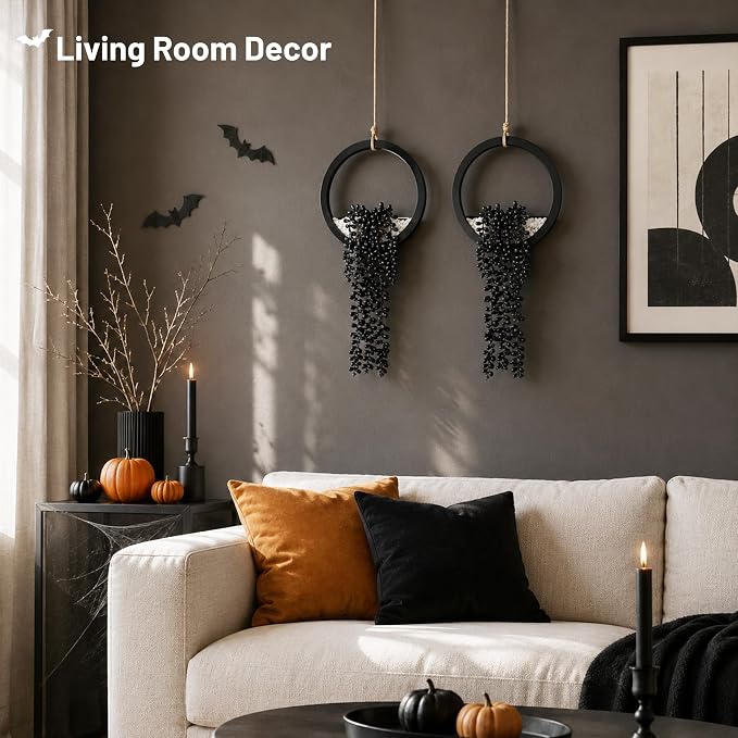 Der Rose 2 Pack Black Artificial Hanging Plants for Gothic Halloween Decor | Strongly festive atmosphere of Halloween，black hanging fake succulents，suitable for black wall decor，party decorations
