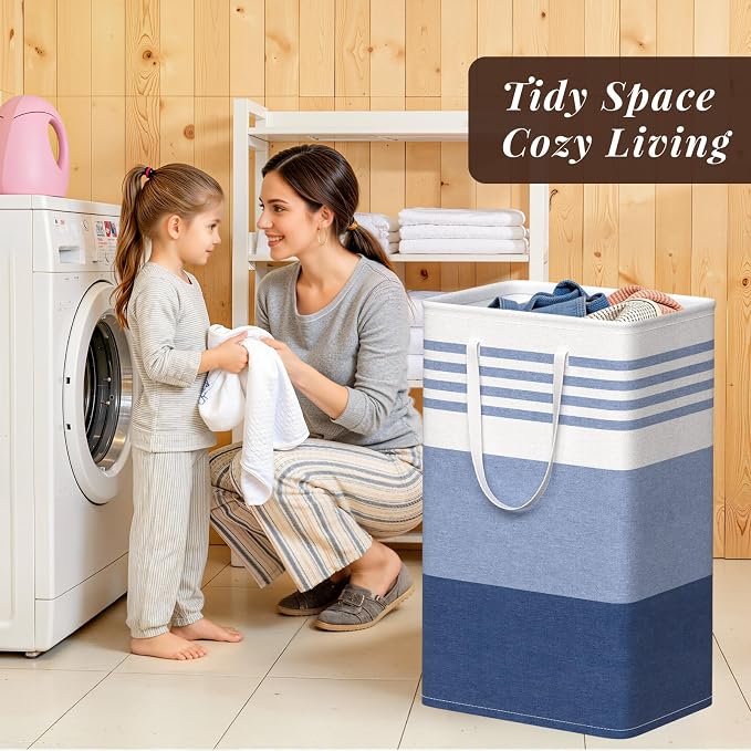 WOWBOX 2 Pack Laundry Baskets, Collapsible Dirty Clothes Laundry Hampers | with Reinforced Handles, Waterproof Coating, 2 Pack for Clean & Dirty Clothes, for Bedroom, Bathroom, Dorm (88L Blue)