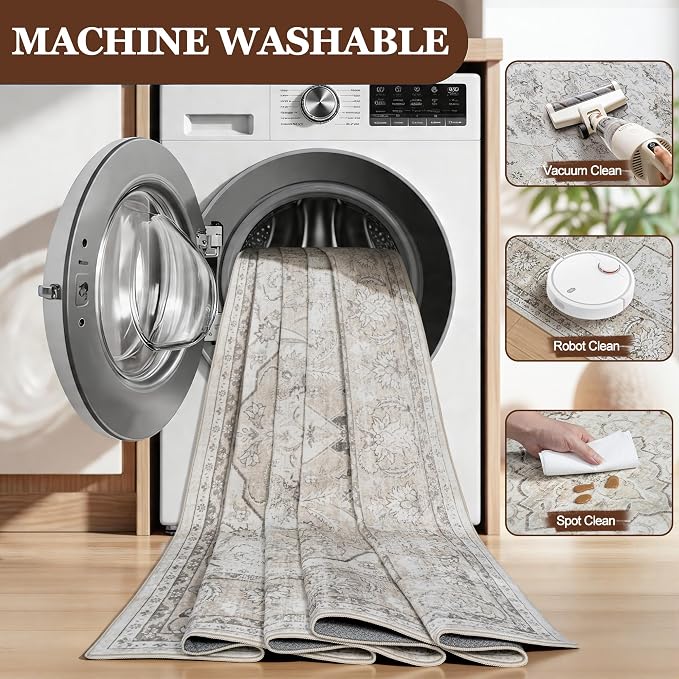 8x10 Washable Area Rugs for Living Room Beige White Non-Slip Rug | Vintage Medallion Rug，Soft Low Pile Large Rugs，Indoor Retro Carpet for Bedroom Nursery Dining Table Farmhouse Home Office