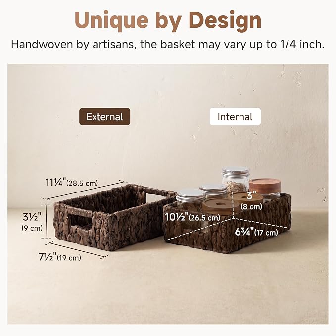 StorageWorks Wicker Baskets for Storage,Rectangle Basket,Brown Basket,2Pack | Hyacinth Dark Brown Wicker Basket, Wicker Storage Baskets for Organizing, Wicker Storage Baskets for Shelves,11¼" x 7½" x 3½"