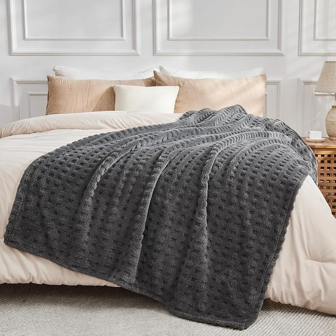 NEWCOSPLAY 3D Waffle Checkered Flannel Twin Blanket, Dark Grey, 60"x80" | Super Soft Cute Lightweight Decorative Premium Silky Fleece Blanket for Couch Sofa Bed, Gift for Women Men, All Season Use