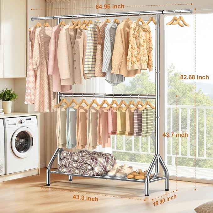 EAGMAK Double Rod Clothing Rack Load 622 LBS, Heavy Duty Clothes Rack for Hanging Clothes, 82.68 inch High Garment Rack with Sotrage Shelves, Metal Clothing Hanger Closet Wardrobe Organizer (Silver)