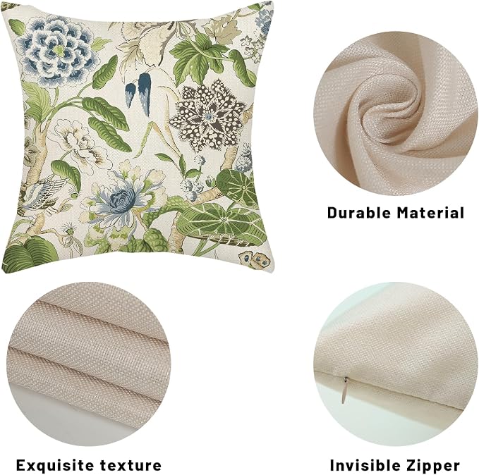 Sage Green Boho Pillow Covers 24x24 Inch 2 Pcs Blue Green Vintage Floral Bird Decor Throw Pillows Chinoiserie Flower Seasonal Outdoor Farmhouse Pillowcase Linen Cushion Cover for Couch Sofa