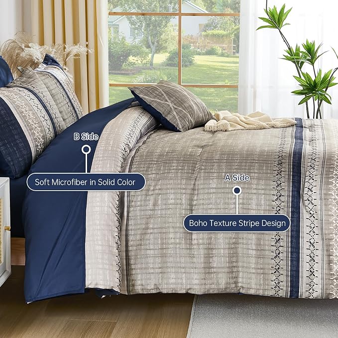 Dintszyayue Blue King Comforter Size Set, 8 Pieces Boho Grey Striped Texture Bed in a Bag Sets, Lightweight Soft Bohemian Comforter and Sheet Set, All Season Microfiber Bedding Sets for Men Women