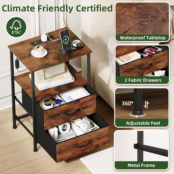 Somdot Nightstands Set of 2 with 2 Drawers, Charging Station & LED Light | Open-Shelf End Tables for Bedside, Dorm, Guest Room, Kids Room, Bedroom, Entryway and Hallway, Brown