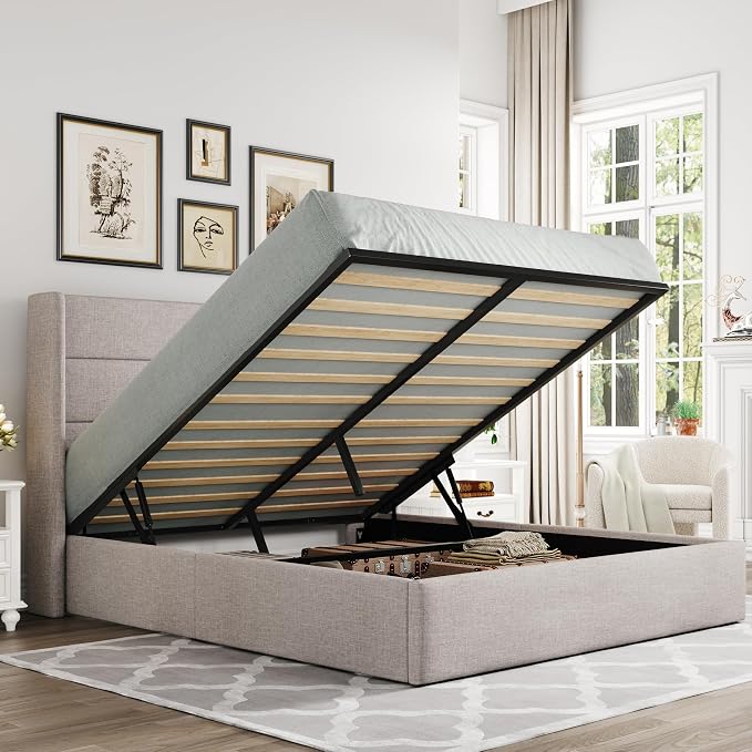 Allewie Queen Size Lift Up Hydraulic Storage Bed Frame Light Beige | Modern Wingback Headboard, Hydraulic Support Storage, No Box Spring Needed