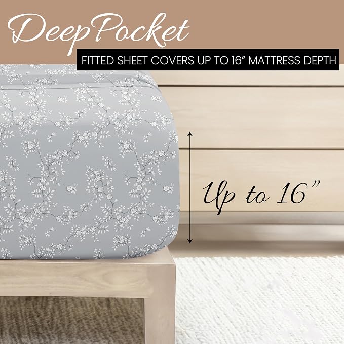Linen Market Patterned Microfiber Queen Sheet Set 4 Piece – Oeko-TEX Certified Ultra Soft & Wrinkle-Free - 16" Deep Pocket Sheets - Easy Care Queen Size - Trellis Vine Light Gray