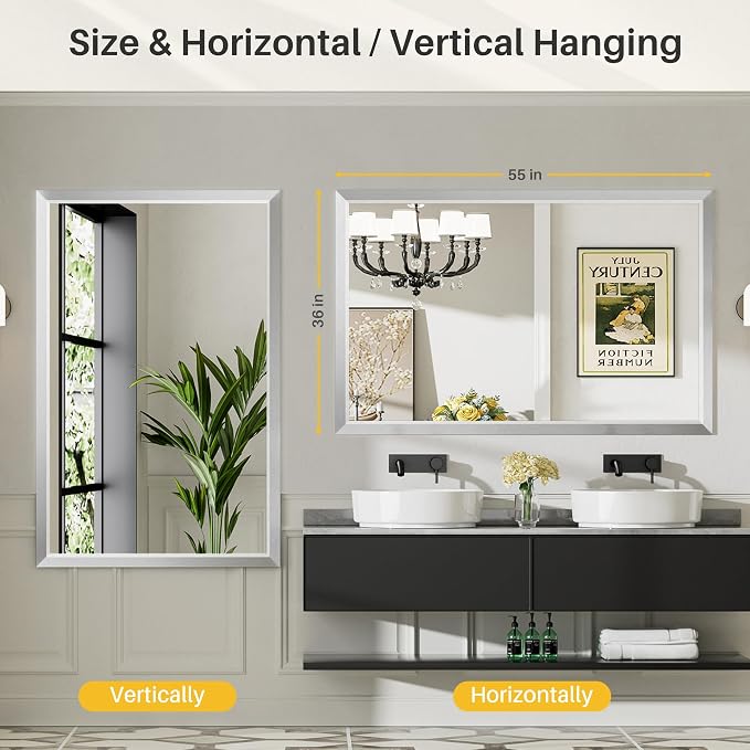 Bathroom Wall Mirror, Silver Brushed Nickel Metal Frame, 55x36 Inch | Anti-rust, HD tempered glass, for bathroom vanity, bedroom, living room, horizontal or vertical mount