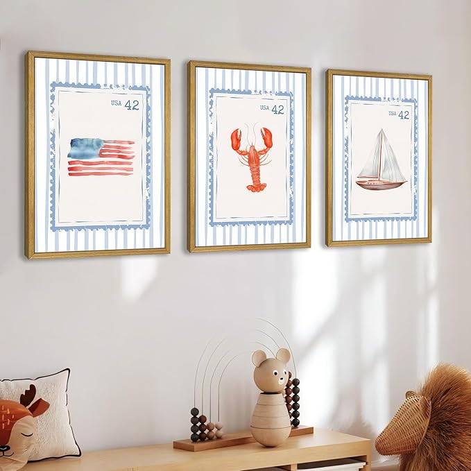 Wood Framed Blue Beach Stamp Set of 3 Canvas Poster Coastal Granddaughter Room Wall Art Decor Vintage Preppy Aesthetic Prints Artwork for Girly Dorm Apartment Ocean Home Decoration 12x16 Inch