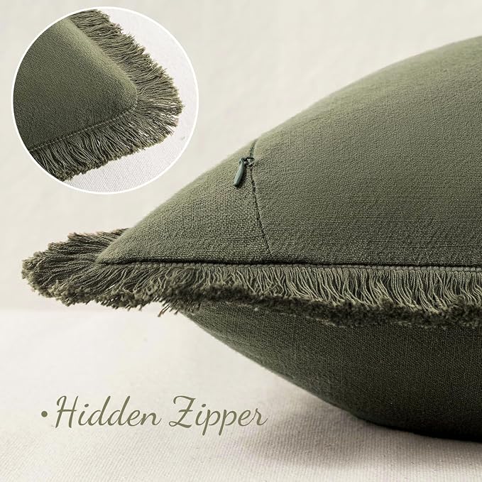 MIULEE Boho Linen Fringe Decorative Throw Pillow Covers Olive Green 20x20 | Set of 2, Cottagecore Decor, Boho Farmhouse Neutral Pillow Covers, Rustic Couch Cushion Cases for Sofa Bed Living Room
