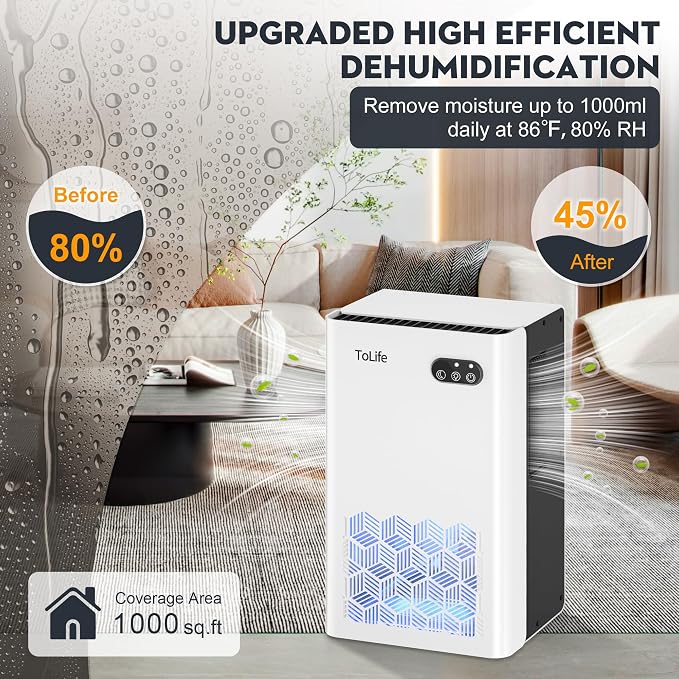 ToLife Dehumidifier, 1000 Sq Ft 95 oz Tank with Sleep Mode, Auto Shutoff | Portable for Home, Bedroom, Bathroom and Basement with 7-Color LED Light, White