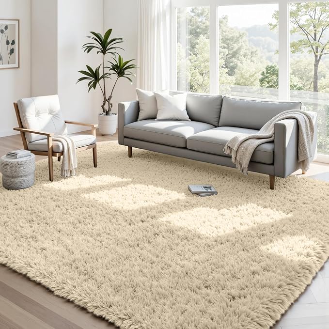 4x6 Fluffy Shag Area Rugs for Living Room Bedroom: Soft Plush Carpet Beige | Upgraded Non-Slip Thick Memory Foam, Ultra Soft, Non-Shedding Fuzzy Carpet, Easy Clean Decor for Kids Room, Nursery, Playroom