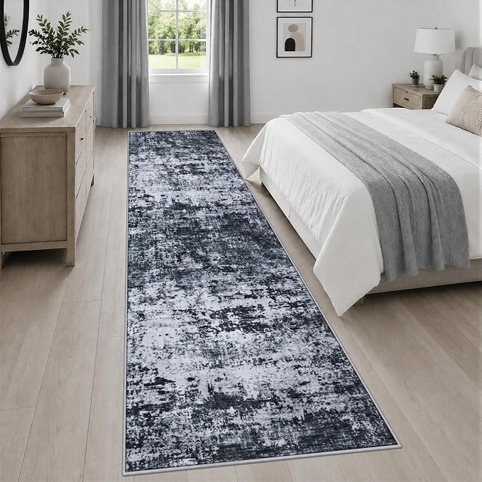 2.6x14 Washable Runner Rug:Modern Abstract Indoor Carpet Black | For Hallway, Bedroom, Kitchen, Laundry, Bathroom,Door Mat,Modern Abstract,Machine washable,Non-Slip,Stain Resistant,Indoor