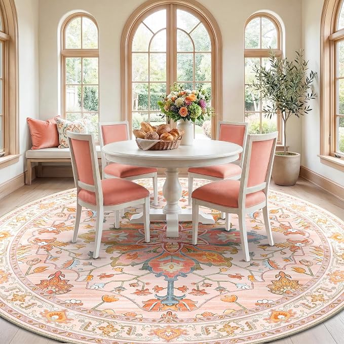 RELEANY Washable Area Rug, Round 10ft, Pink/Light Pink/Colorful | Non-Slip, Water Repellent, Pet Friendly, Easy to Clean, Vintage Floral Boho Decor for Living Room Bedroom Dining Room