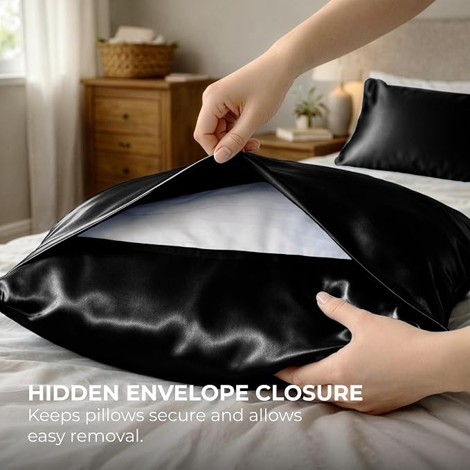 Pure Bedding Satin Pillowcase 2 Pack - King Size (20"x40", Black) - Silky Pillow Cases for Hair and Skin - Satin Pillow Covers with Envelope Closure - Extra Soft Premium Microfiber
