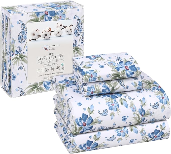 RUVANTI 100% Cotton Percale Sheets California King Size, Paislyona | Crisp Cooling for Hot Sleepers, Deep Pocket 14", Soft Breathable & Durable, Hotel-Style 4 Piece Set