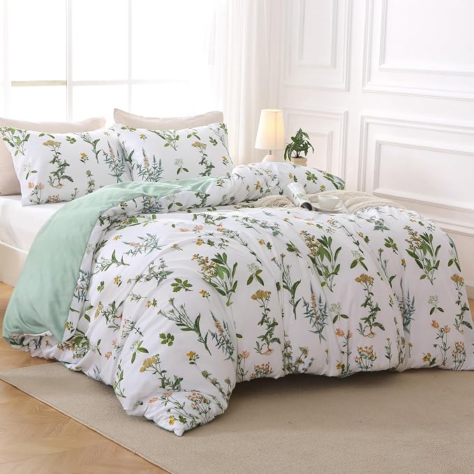 MUXHOMO Duvet Cover King Size, Reversible Floral Green Duvet Cover Set with Zipper Closure, 3 Pieces Botanical Patterns Soft Microfiber Bedding Set with 4 Ties (90"x104", 2 Pillow Cases)