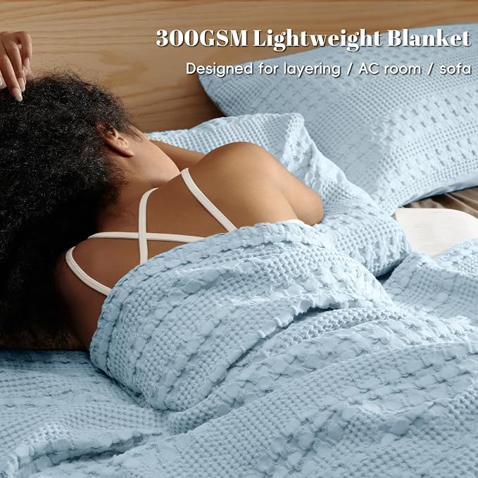PHF Lightweight 100% Cotton Waffle Blanket for Bed, Queen, Sky Blue | Pre-Washed Soft Cotton Comfort, Breathable Layering Warmth for Fall & Winter, Bed, Sofa, Couch, Home Decor & Gifts