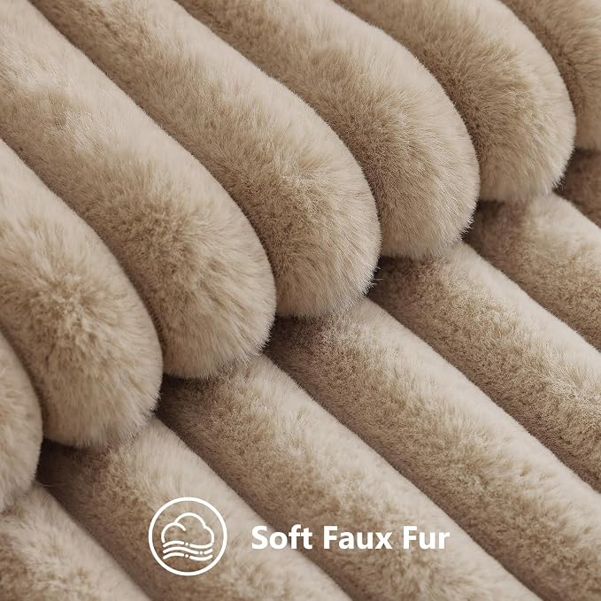 decorUhome Fall Faux Fur Throw Pillow Covers 12x20 Set of 2 Khaki Brown | Decorative Soft Cozy Striped Plush Modern Farmhouse Boho Couch Pillow Cases Velvet Back for Sofa Bed Living Room Home Decor
