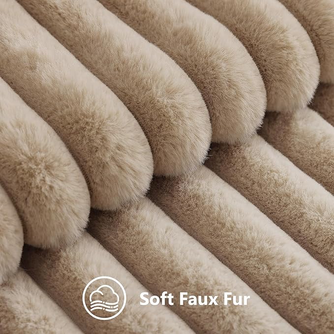 decorUhome Fall Faux Fur Throw Pillow Covers 24x24 Set of 2 Khaki Brown | Decorative Soft Cozy Striped Plush Modern Farmhouse Boho Couch Pillow Cases Velvet Back for Sofa Bed Living Room Home Decor