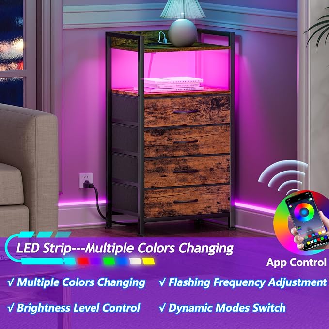 Furnulem Night Stand with Charging Station, 4 Drawer Tall Bedside Table | small dresser for bedroom, with LED light & Remote Control, Fabric Bins and Metal Frame,Wood Desk Top,Easy Assemble for Dorm