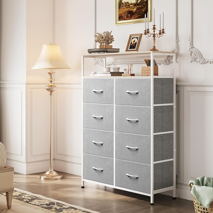 WLIVE 8 Drawer Fabric Dresser Open Shelves, Tall Bedroom Chest, Light Grey | Light Grey 8 fabric drawers plus open shelves, steel frame with wood top, great for bedroom closet entryway and dorm storage