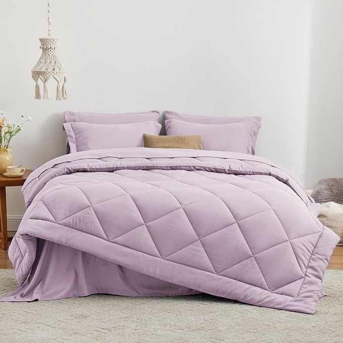 Love's cabin Queen Comforter Set Light Purple, 7 Pieces Queen Bed in a Bag, All Season Bedding Sets with 1 Comforter, 1 Flat Sheet, 1 Fitted Sheet, 2 Pillowcase and 2 Pillow Sham
