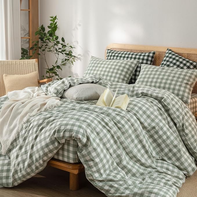 BESTOUCH Gingham Cotton Duvet Cover Set Sage Green California King | Washed Cotton, Linen Feel, Soft Wrinkle Texture, Hidden Zipper, 8 Ties, Breathable Lightweight Durable Comfy, 3 Pcs No Insert