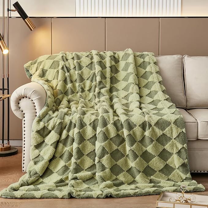 PU MEI Luxury Faux Fur Rabbit Fur Throw Blanket Sage Green 60"*80",Soft Plush Reversible Sherpa Blankets,Twin Fuzzy Blanket Thick Throws for Bed,Comfy Bedding Accent Blankets for Sofa Couch Chair