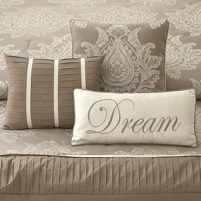 Beige California King Comforter Set, 15 Pieces, Damask Jacquard Woven, Bedding Set with Sheets, Room in a Bag, Comforter, Bed Skirt, Pillow Shams and Decor Pillows, Curtains