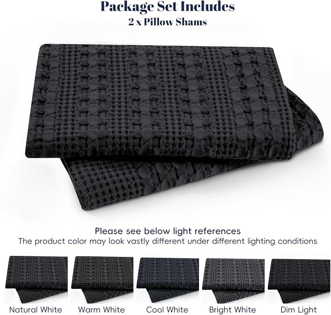 PHF 100% Cotton Waffle Pillow Shams Queen Size, 2 Pack 20" x 30" Soft Skin-Friendly Pillowcases, No Filling, Aesthetic Woven and Breathable Waffle Weave Pillow Case Covers for Bed, Black