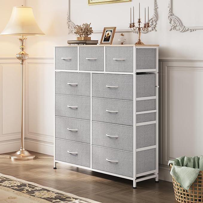 WLIVE Tall Dresser for Bedroom, 11 Drawer Chest of Drawers, Light Grey | 11 fabric storage drawers, Tall high-capacity design, Bedroom or dorm use, Sturdy steel frame, Smooth wood tabletop