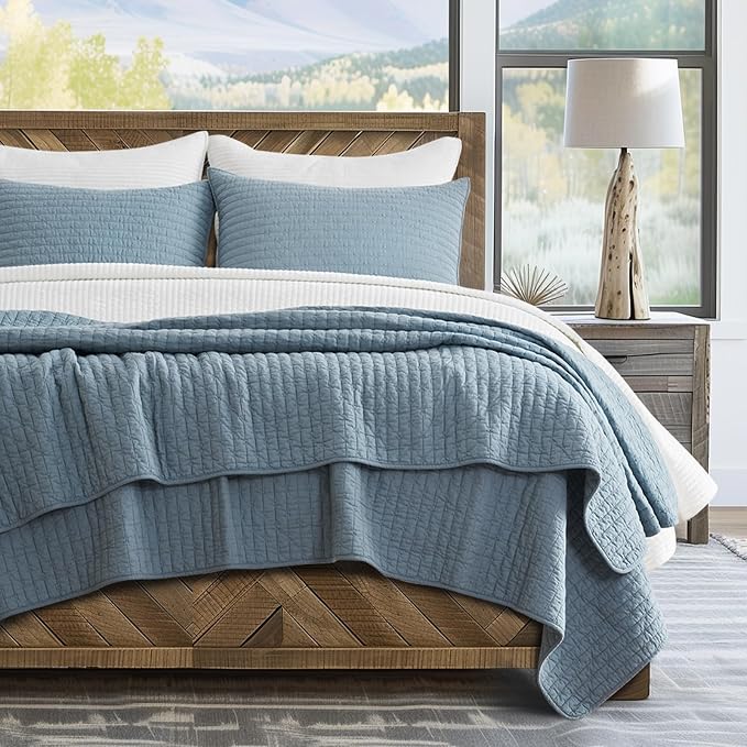 x Kinsey Walsh 100% Cotton Cross Stitch Quilt, King, Dusty Blue | 100% Cotton, Elegant Cross Stitch, Soft & Breathable, Prewashed Softness, Oversized Design, OEKO-TEX® Certified