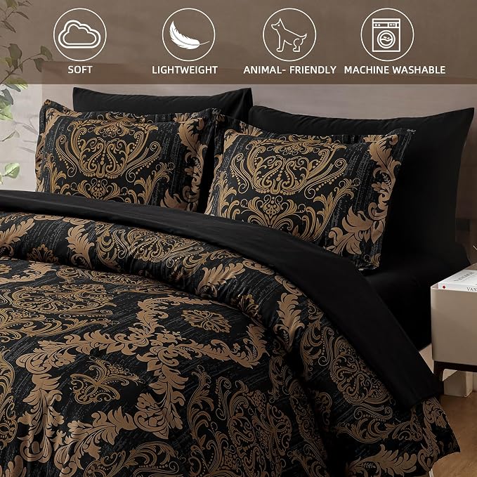 WONGS BEDDING Black Comforter Set King Size, Gold Damask Texture 7 Pieces Bed in a Bag Microfiber Comforter Bedding Sets -1 Comforter, 1 Flat Sheet, 1 Fitted Sheet, 2 Pillow Shams, 2 Pillowcases
