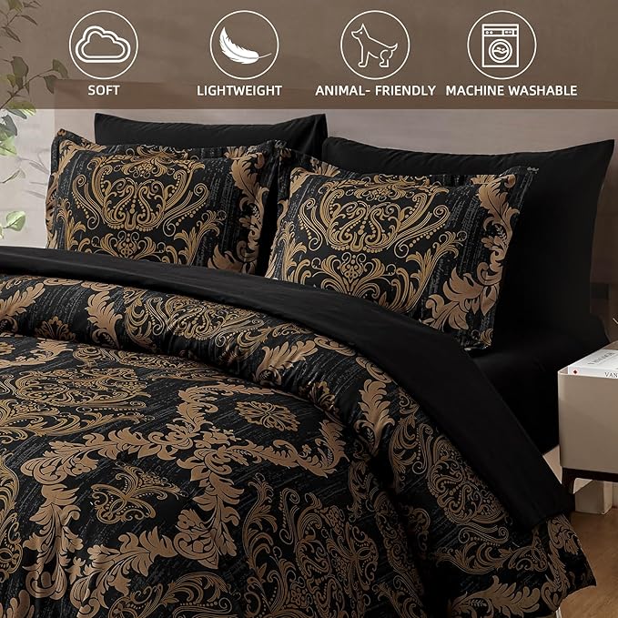 WONGS BEDDING Black Comforter Set Queen Size, Gold Damask Texture 7 Pieces Bed in a Bag Microfiber Comforter Bedding Sets -1 Comforter, 1 Flat Sheet, 1 Fitted Sheet, 2 Pillow Shams, 2 Pillowcases