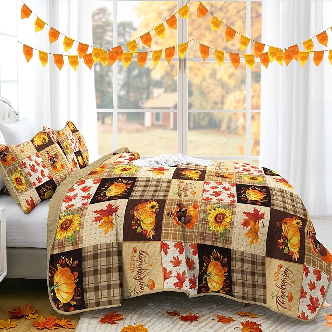 Fall Patchwork Quilt Set Queen, 3 Pieces Thanksgiving Bedding Set Brown | Sunflower Maple Leaves Pumpkin Pattern Bedspread, Soft Lightweight Microfiber Autumn Coverlet with 2 Pillow Shams (96"x90")