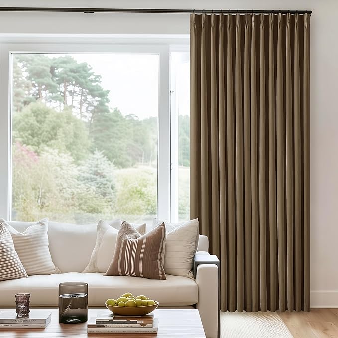 Dutch Cocoa Blackout Pinch Pleat Linen Curtains 105 Inches Long for Bedroom | 100% Black Out Curtains Lined 2 Layers, Memory Shape, Noise Reducing, Room Darkening, for Living Room Window, 40x105 2 Panels