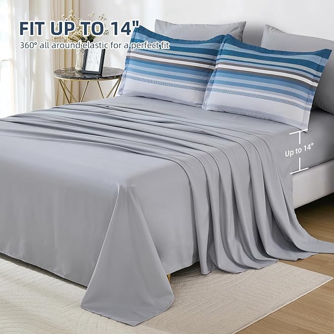 Dobuyly Grayish Blue Comforter Full Size Set 7 Pieces, Boho Striped Bed in a Bag Full Soft Microfiber All Season Grey Bedding Set with Comforter, Sheets, Pillowcases & Shams