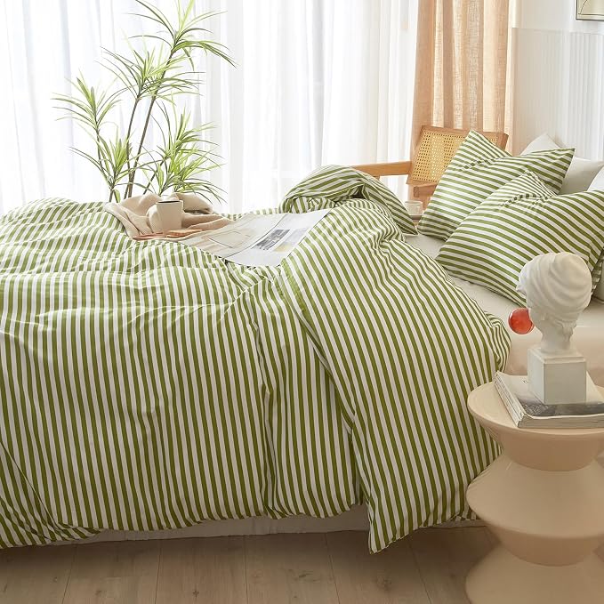 LifeTB King Size Comforter Set Modern Striped Comforter Set King Green White Stripes Pattern Comforter 3 Pieces Lightweight Bedding Comforter Set Boho Stripe Soft Fluffy Comforter with 2 Pillowcases