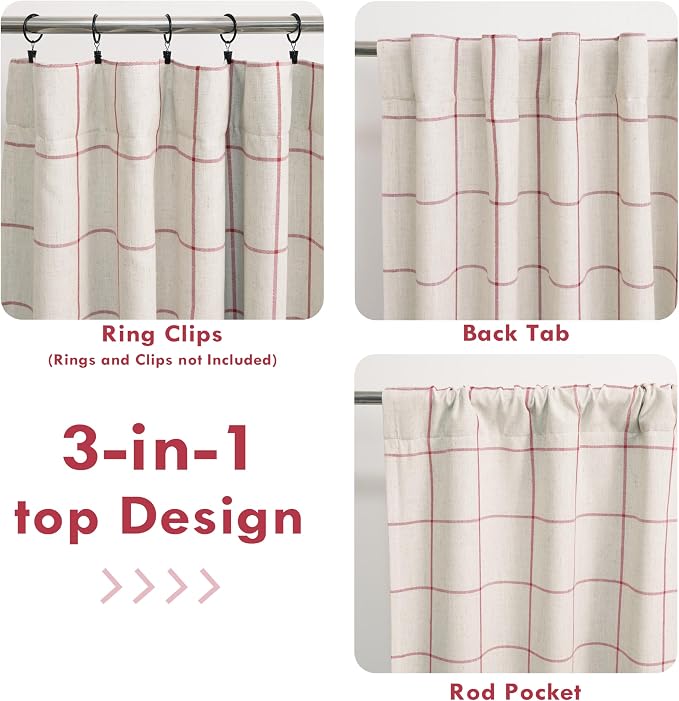 DriftAway 100% Blackout Plaid Linen Curtains 63 Inches Long 2 Panels Red | 100% Blackout, Linen Texture, Plaid Pattern, Two Layers, Rod Pocket & Back Tab, Bedroom Living Room Use, Luxury Appearance