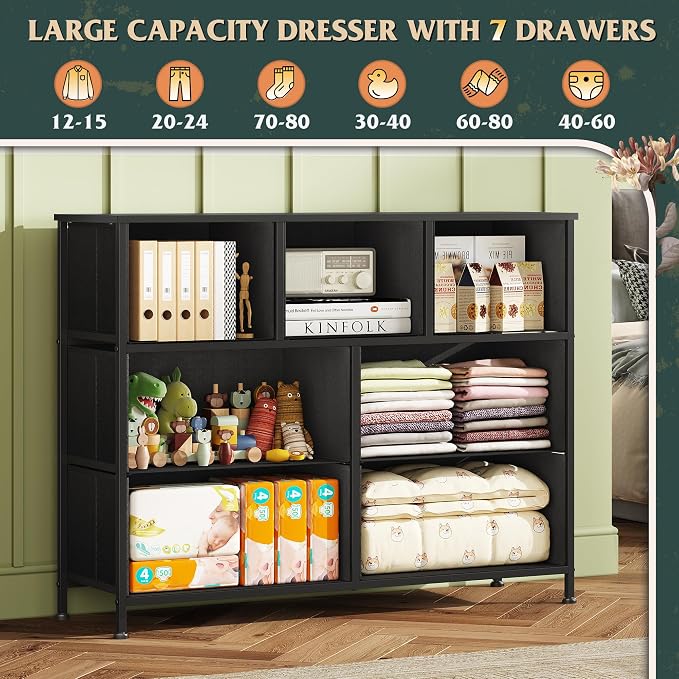 WLIVE Dresser for Bedroom, 7 Drawers, TV Stand, Vintage Green | 7 roomy fabric drawers, Fits TVs up to 45 inch, Bedroom or living room, Wide storage design, Chest of drawers