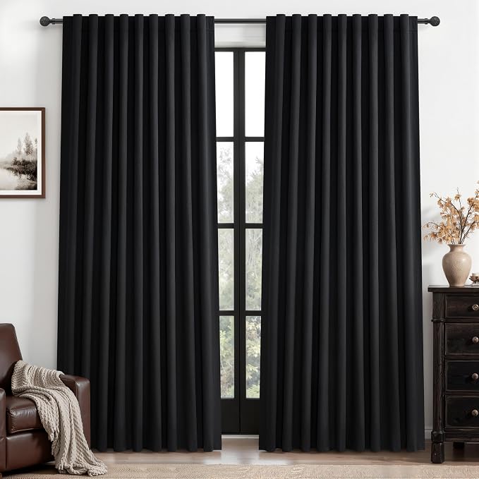Black Out Curtains 60 Inches Extra Wide Luxury Linen Curtains 84 Inch Length for Living Room, Pleated Farmhouse Bedroom Thermal Heavy Drapes for Winter Thick Large Window 60"W x 84"L 2 Panels